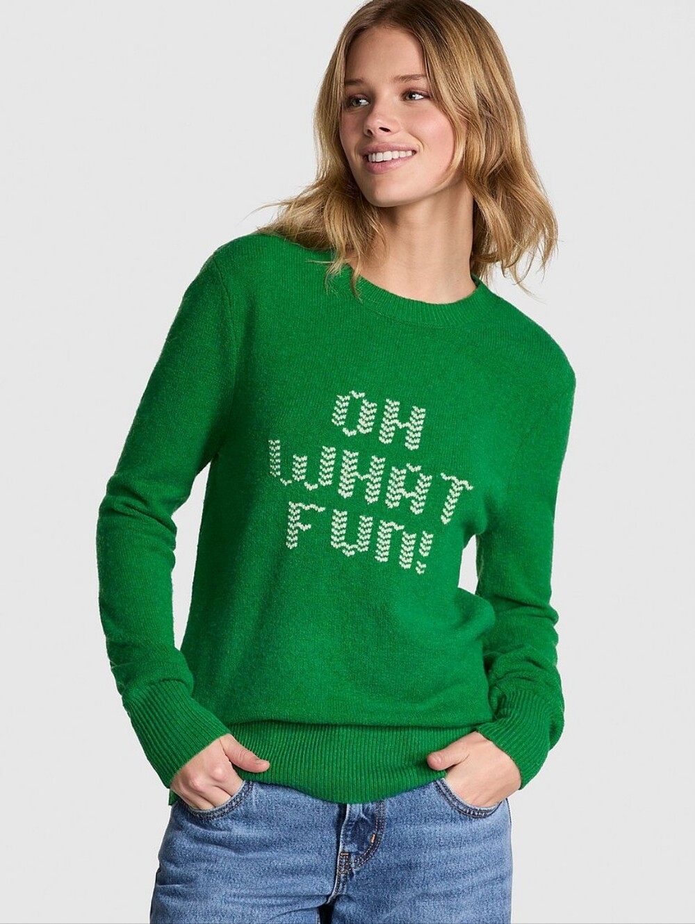 PINK Collegiate Knit Crewneck Sweater - Verdant Green Oh What Fun